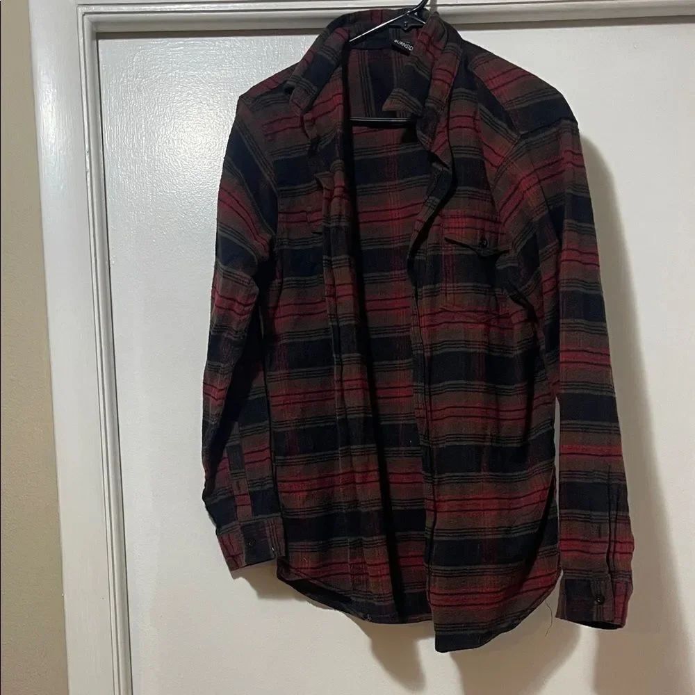 Burnside Red and Black Plaid flannel button down Shirt size medium